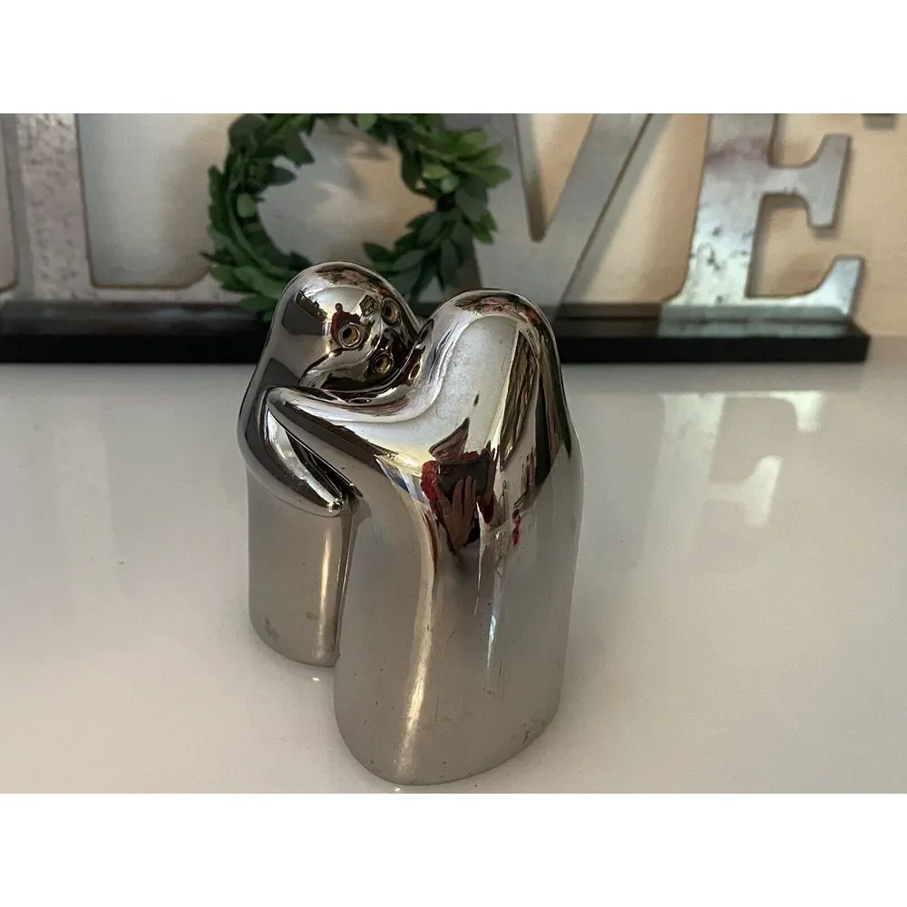Hugging Ghost Salt and Pepper Shakers Set w Stopers Chrome ‎ Mercury Glass Style